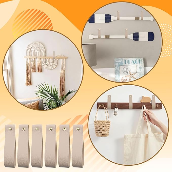 Curtain Rod Holders,Set of 8 Leather Curtain Rod Brackets with Screws,PU Curtain Rod Hangers,Leather Straps Hooks for Wall Pole Macrame Boho Art Décor, Beige