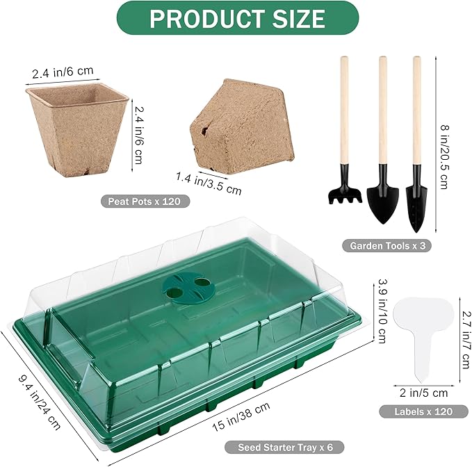 Hahood 6 Pack Seed Starter Tray Kit with 120 Square Peat Pots for Seedlings, Including Plants Labels, Planting Tools, Growing Trays Plastic Germination Tray Paper Starter Pods for Plant Seeds, Green