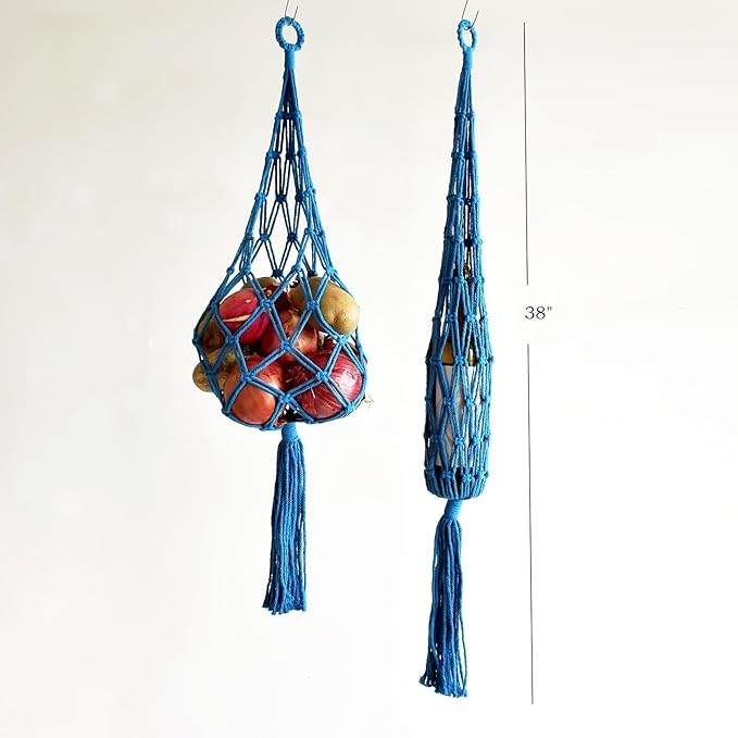 2 Packs Bohemian Macrame Hanging grocery bag, handmade storage breathable hanging bag for Onion/fruit/patato/tamato, Cotton Net Storage Holder, kitchen hanging organizer Blue