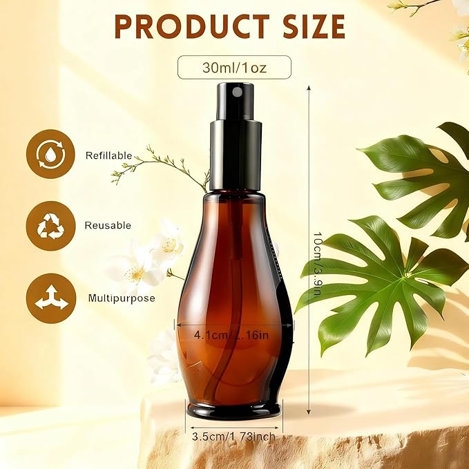 UPSTORE 3PCS Empty Refillable Amber Glass Spray Bottle Jars with Black Cap Cosmetic Vials Sample Packing Storage Containers Fine Mist Sprayer Automizer for Perfume Makeup Water (30ML/1oz)