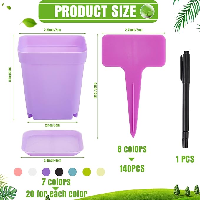 Zubebe 140 Pcs 3 Inch Plastic Plant Pots Square Seedling Nursery Pots Reusable Small Plant Pots with Saucers 140 Pcs Waterproof Plant Labels T Type Plant Tags Marking Pen for Garden Balcony Office
