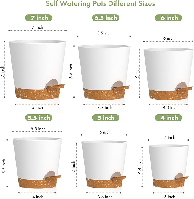 WSMKSZ 7/6.5/6/5.5/5/4 inch Self Watering Pots for Indoor Outdoor Plants, 6 Pack Plastic Flower Planters with Drainage Holes and Removable Saucers, Plant Pots with Wicking Rope, White Brown