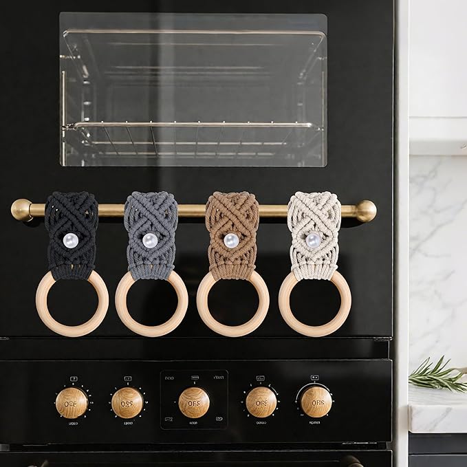 BROWNLILY 4 Pcs Handmade Crochet Towel Holder with Unique Pearl Button for Bathroom, Hanging Towel Rack for Kitchen, Macrame Towel Hanger Over The Cabinet Oven Stove Door - Double Rings