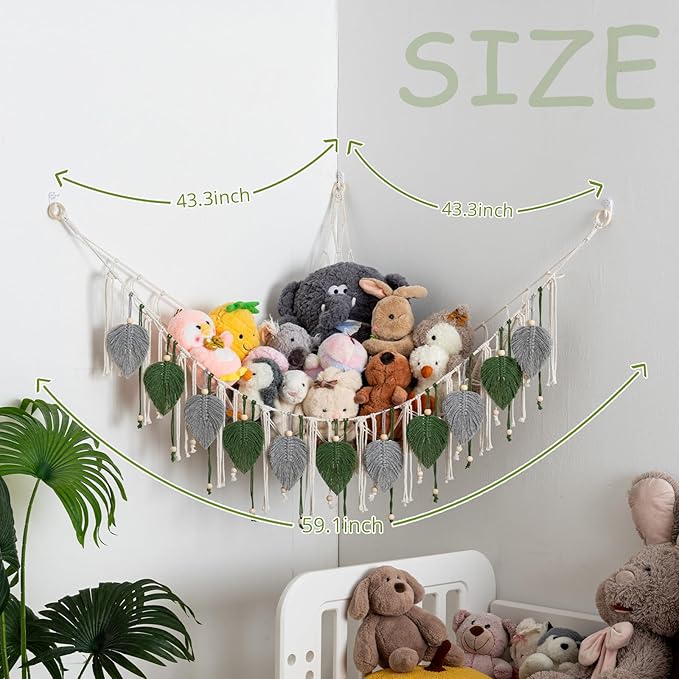 Pretty Jolly Macrame Stuffed Animal Hammock with Beads Hand Woven Leaf Tassels Corner Hanging Net Boho Plush Holder for Toys Kid Room Nursery Deco Organizer for Girls Gift(Sage Green&Avocado Green)