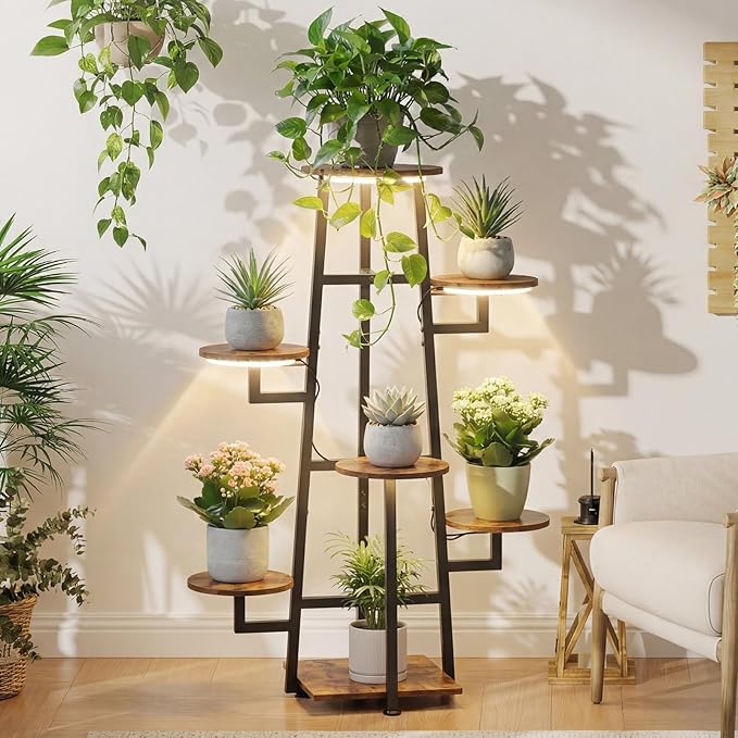 7 Tier Plant Stand Indoor with Grow Light , Tiered Plant Stands for Indoor Plants Multiple, Corner Flower Stand for Living Room, Multi-Layer Vintage Design Plant Shelf