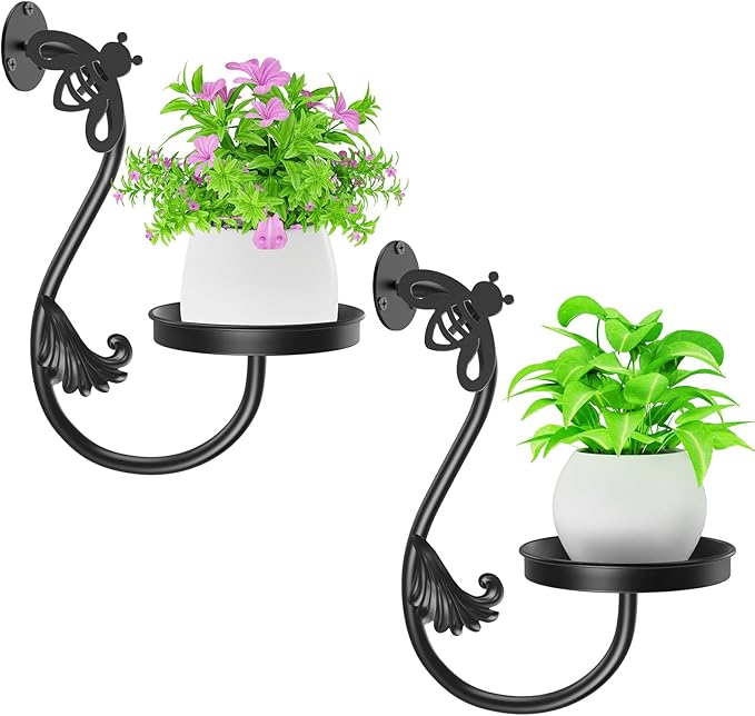 Wall Plant Holder Indoor, Metal Hanging Planters Hanger Floating Flower Display Stand for Window, Plant Shelves Hanging Plant Holder Window Plant Hanger Plant Decor Black (Bees-2pc)