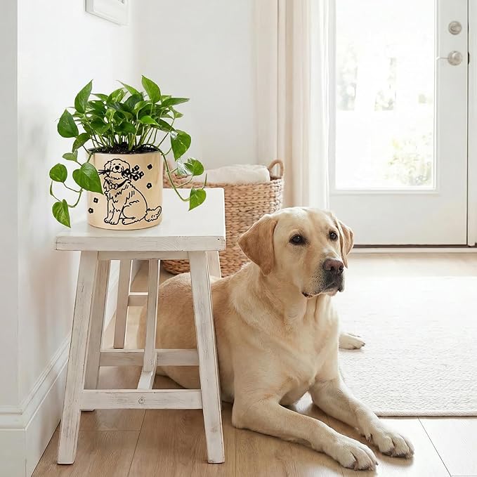 STHIE Indoor Plant Pot 5 Inch - Round Ceramic Planter with Drainage Hole, Hand-Painted Cute Flower Pot for Desktop Office Windowsill, Dog Lover Gift (Resting Dog)