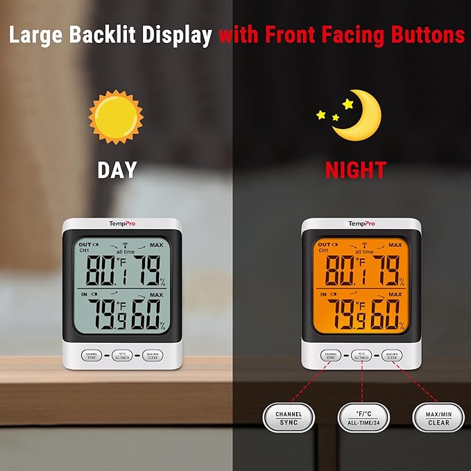 TempPro Indoor Outdoor Thermometer Wireless, 500 ft Outside Thermometer with Cold-Resistant Sensor, Outdoor Thermometer Waterproof for Patio with 3.3" LCD Backlit Display (Previously ThermoPro)