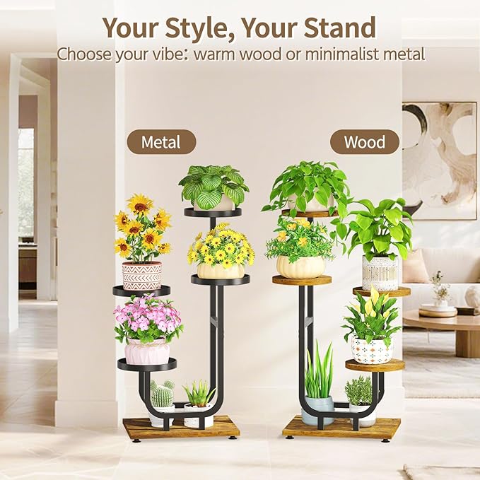 LASZOLA Black 4 Tier Tall Metal and Wood Plant Stand Indoor, Large Heavy Duty Planter Holder Rack for Vertical Corner, Sturdy Iron Spiral Multiple High Flower Organizer for Rustic Patio House Bathroom
