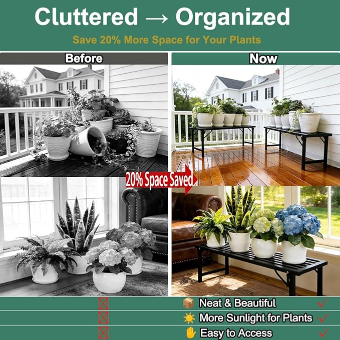Foldable Plant Stand, No Assembly Heavy Duty Iron Plant Shelf, Rustproof Single Tier Plant Rack for Indoor Outdoor, Long Narrow Flower Stand for Patio Balcony Garden Living Room, 33" L x 9.7" W x 11.7" H