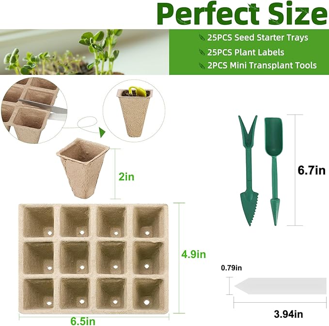 Seed Starter Tray - 300 Cells Biodegradable Peat Pots for Seedlings, 25 Packs Garden Germination Seedling Starter Trays with Drain Holes, Organic Seed Starter Kit with Plant Labels(Khaki)
