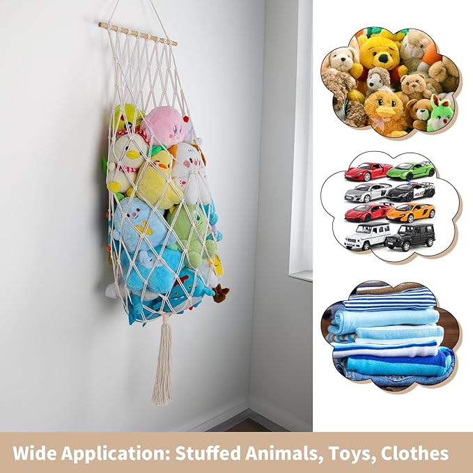 Stuffed Animal Storage Net, 68 Inch Jumbo Macrame Vertical Stuffed Animals Hammock Corner, Wall Ceiling Hanging Stuffy Hammock Plushie Holder Display for Kid Boy Girl Gift Boho Nursery Decor (Cream)