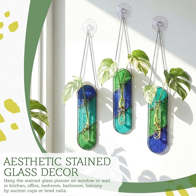 Hushee 3 Pcs Stained Glass Plant Propagation Station Hanging Window Propagation Station Planters with Glass Tubes Hydroponic Planter Terrarium Holder Window Decor for Indoor Home Garden Decor
