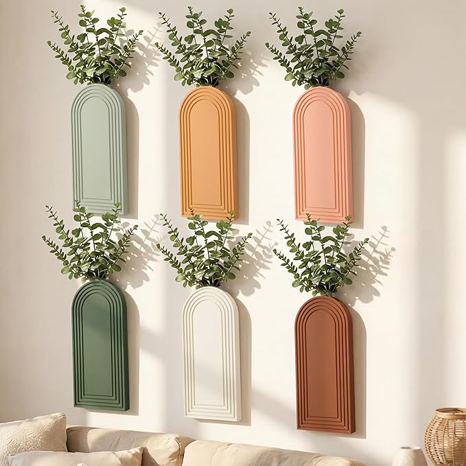 6 Pack Boho Wooden Wall Vase Hanging Wall Planters Decor Modern Farmhouse Plant Holders for Indoor Living Room Bedroom Bathroom Kitchen Home Office Decoration(Classic Colors)