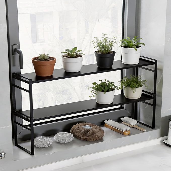 Over The Sink Shelf,Expandable Window Sill Shelf for Plants Small Tall Shelves Stackable Kitchen Organizer Shelves for Bathroom Kitchen Narrow Spaces Countertop