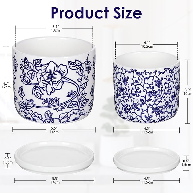 Set of 2 Blue and White Ceramic Plant Pots with Drainage Hole and Saucers, Retro Blue Porcelain Vase Round Planters for Succulent Cactus Indoor Outdoor Garden Home Desktop Decor, 4.5+5.5 Inch