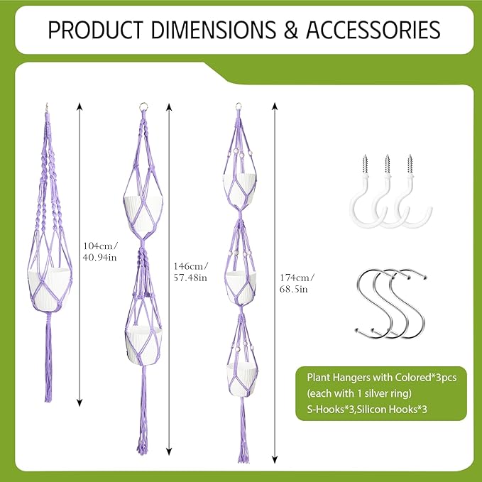 XXXFLOWER 3 Pack Macrame Plant Hanger Indoor Set with Hooks Handmade Woven Cotton Rope Flower Pot Crochet Plant Holder Stand Boho Plant Decor Hanging Planter Baskets Set of 3 with Beads Purple