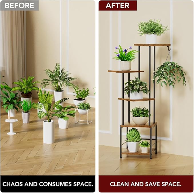 Homsorout Plant Stand Indoor with Grow Light, 5-Tiered Tall Plant Stand Indoor, Metal Plant Shelf with Hanging Basket Hook and Adjustable Light, Ideal for Living Room, Garden, Patio (Black Brown)