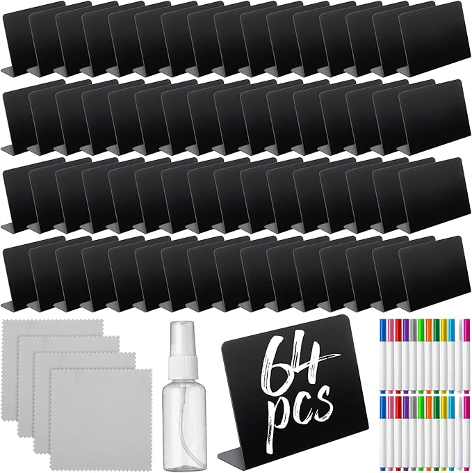 Skyygemm 64 Pcs 3.94 x 2.95 Inch Chalkboard Signs for Food Table Signs Food Labels for Party Food Signs Food Tags for Party with 26 Water Based Chalk 4 Cleaning Cloth 2 Bottle for Buffet Weddings