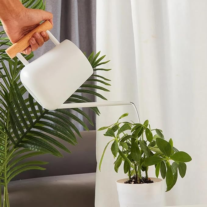 Indoor Watering Can with Long Spout, 34oz Capacity, White Metal with Wood Handle (White-Z1)