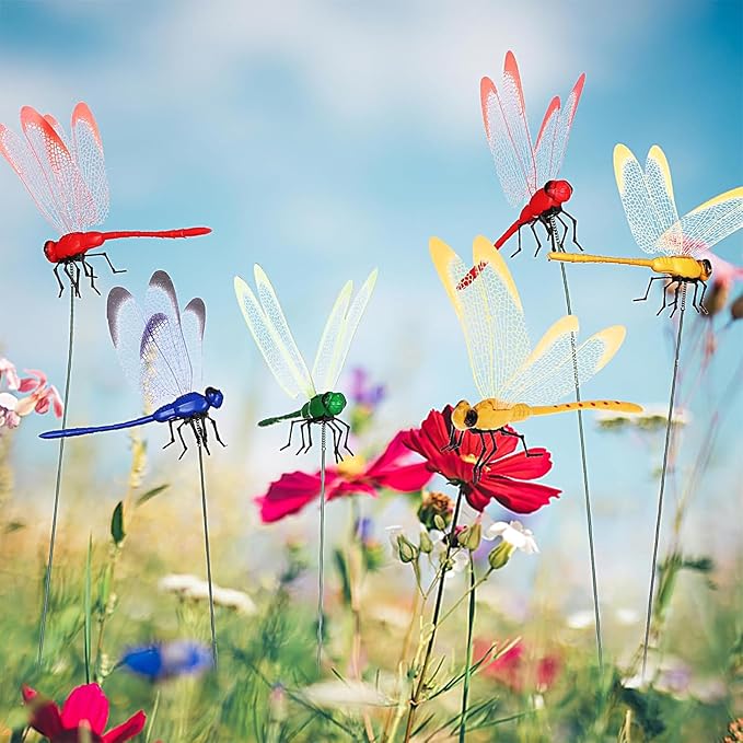 24 Pieces 3D Dragonfly Garden Decor Dragon Fly Garden Stakes Dragonflies Garden Ornaments Patio Decoration Dragonfly Stakes with Sticks, 4 Colors