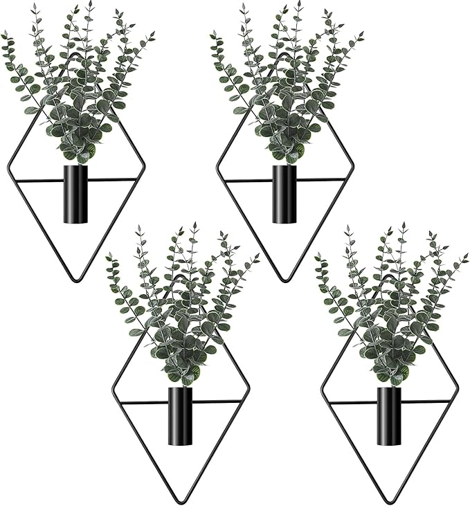 Jexine 4 Pcs Plant Wall Decor Diamond Shape Hanging Planters with Artificial Plants Geometric Wall Decor Metal Hanging Vase Indoor Holder for Living Room Bathroom Home(Eucalyptus)