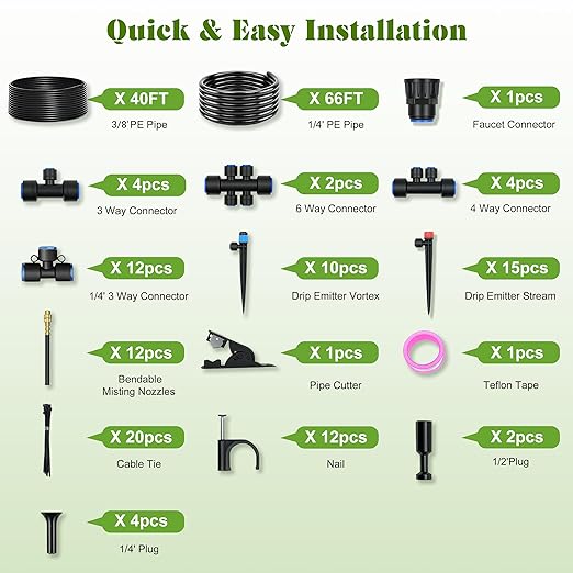 Drip Irrigation Kit for Garden, Automatic Watering System with Quick Connect Fittings, Adjustable Spray Nozzles, Water Saving Irrigation System for Yard, Greenhouse, Lawn & Potted Plants (106FT)