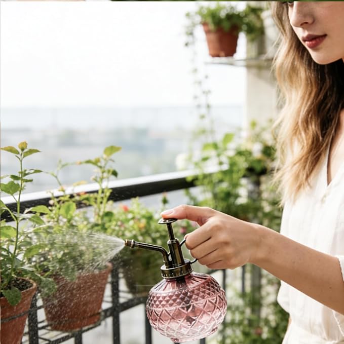 OFFIDIX Plant Mister Spray Bottle,Glass Decorative 300ML Vintage Watering Small Indoor Watering Can with Plastic Pump for Indoor Plants,Garden,Cleaning（Brown Transparent Gradient）