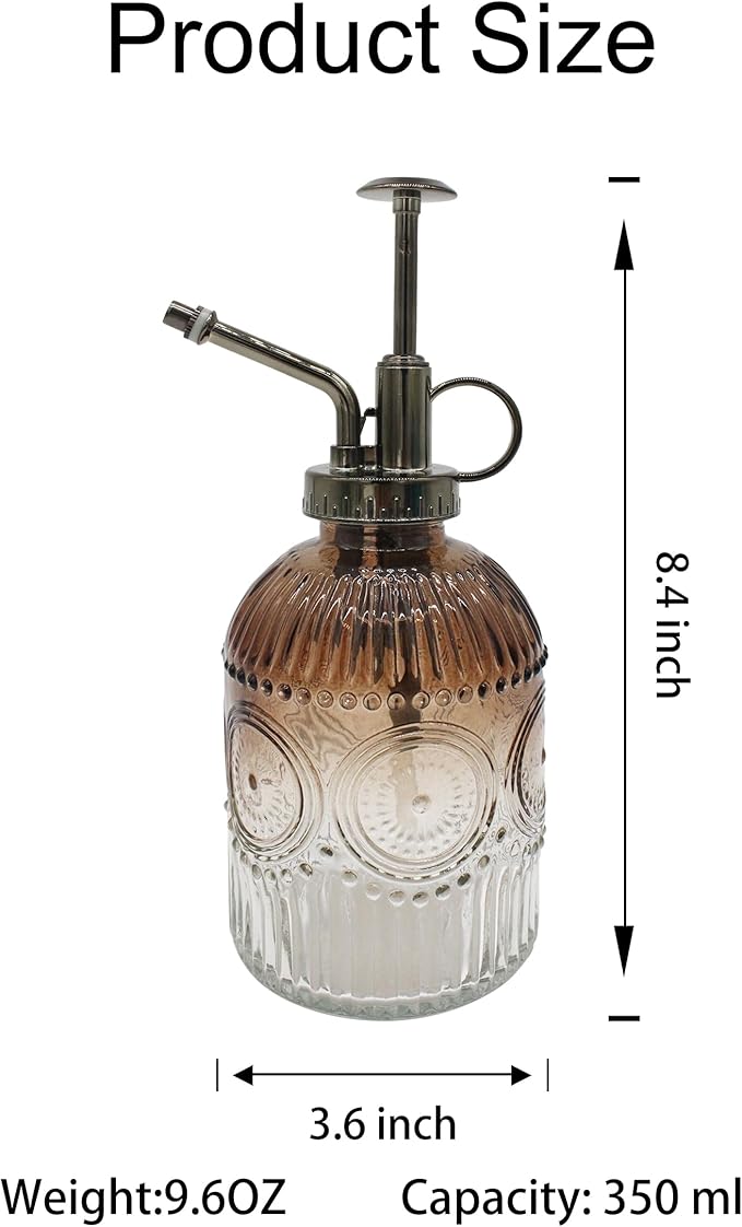 Glass Plant Mister Spray Bottle, 350ML Vintage Plant Spritzer with Top Pump Watering Can for Indoor Outdoor House Plants, Flowers (Brownish-White)