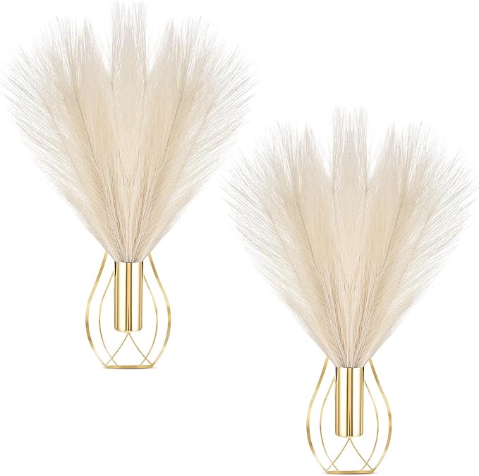 Otoolling 2 Pieces Hanging Plant Wall Decor with Artificial Pampas Grass Metal Hanging Vase Modern Geometric Farmhouse Bohemian Wall Art for Living Room Bedroom Kitchen Office(Gold, Beige)