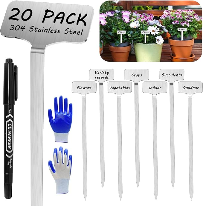 304 Stainless Steel Plant Label, 20 Waterproof Metal Plant Label Stakes and Marker Pen, 7.87" Garden Markers for Outdoor Indoor Plants Identification.