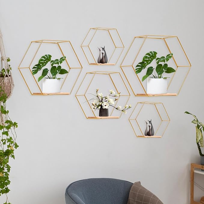 5 Pieces Hexagon Iron Wall Shelves Storage Rack Living Room Geometric Kitchen Bedroom Organizer for Mini Planter Displaying, Golden