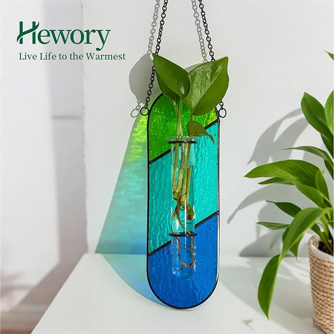 Hewory Stained Glass Plant Propagation Hanging 2 Pcs Propagation Station Planters for Window Decor - Unique Hydroponic Propagated Plant Holders for Kitchen Gifts for Mom