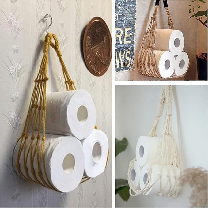 Pesine Toilet Paper Storage Holder Wall Hanging Storage Mesh Bag Boho Handmade Cotton Net Bag Paper Roll Holder for Home Bedroom Bathroom Living Room,Brown,M