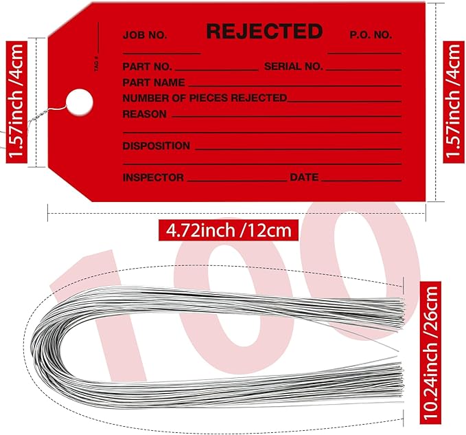 100 Pack Rejected Tags with Wire - Red Defective Product Inspection Tags, Cardstock 4-3/4" x 2-3/8" for Manufacturing Quality Checks