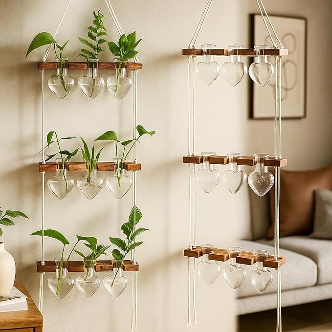 Leinuosen Wall Hanging Plant Propagation Stations Mother Gifts for Her Plant Lovers 3 Tiered 9 Heart Shaped Glass Vases Terrarium with Wooden Stand for Hydroponics Indoor Garden Home Decor(Clear)