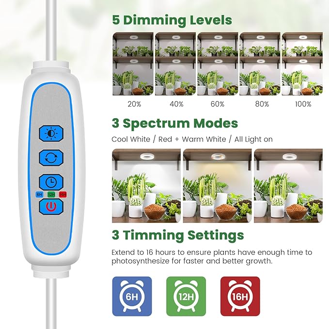 Kullsinss Plant Light, 6 Heads 12V3A Full Spectrum LED Grow Lights for Indoor Plants, 3.5" Under Cabinet Grow Lamp for Small Plants with 6/12/16H Auto Timer, 3 Spectrum Modes, 5 Brightness Levels