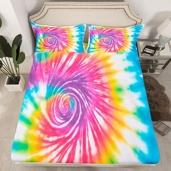 Tie Dye Sheet Set, Boho Trippy Swirl Bed Sheets, Bohemian Gypsy Bedding Set, Hippie Style Sheets, Colorful Kids Girls Women Bed Sheet Set King, 1 Flat Sheet + 1 Fitted Sheet + 2 Pillow Case, Soft