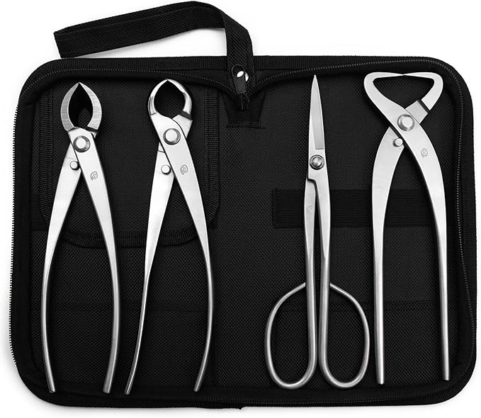 TianBonsai 4-PCS Bonsai Tool Set Including Concave Cutter Straight Edge Cutter Trunk Splitter And Bonsai Scissors Equip With Tool Bag