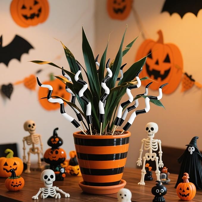Adnee 15 Pcs Halloween Sandworm Tentacle Plant Stakes,9.5 Inch Spooky Plant Decorative Striped Stakes,Black and White Halloween Floral Picks for Indoor Outdoor Potted Plants