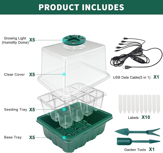 Seed Starter Tray, Plant Propagation Station with Grow Light, Seedling Starter Trays with Timing Controller, Mini Greenhouse Kit with Humidity Domes and Base, Plant Tray for Seeds Growing Starting