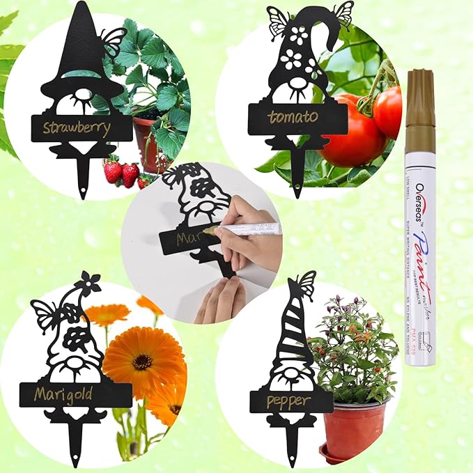 4 Pack Garden Gnomes Plant Markers for Outdoor Herb Label Stakes Nursery Plant Tags Gnome Garden Decor Accessories Steel Weatherproof Farmhouse/Greenhouse Plants Markers with a Pen