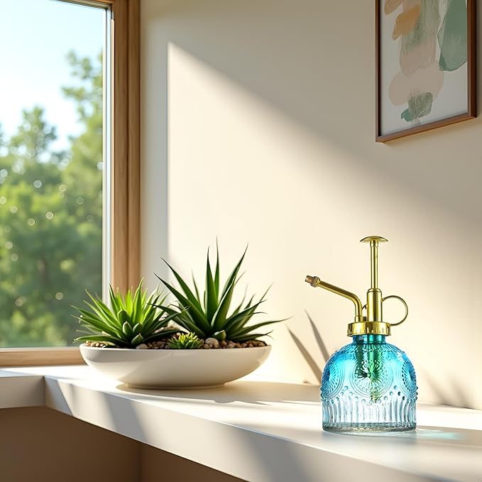 Glass Plant Mister Spray Bottle, 230ML Vintage Plant Spritzer, Succulent Watering Bottle Glass with Top Pump, Small Plants Sprayer Watering Can for Indoor Outdoor House(Blue and White)
