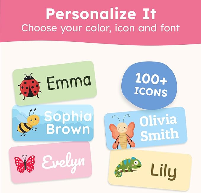 Personalized Name Labels for Kids (210 Labels) - Durable & Waterproof Custom Name Stickers for Clothing Tags, School Supplies, Camp & Daycare - Plant Friends (1.2”x0.5”)