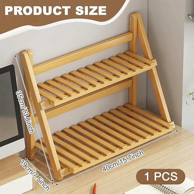 Wooden Matcha Station Shelf, 2 Tier Natural Finish Bamboo Countertop Organizer,15.7'' Coffee Station Organizer, Desktop Flower Pot Rack for Home Living Room Window Sill Foldable Display Storage Shelf