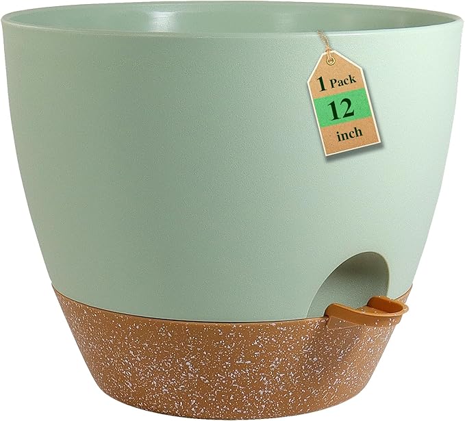 WSMKSZ 12 inch Large Self Watering Pots, Flower Plant Pots with Drainage Holes for Indoor Outdoor Garden Plants, Plastic Planters with Removable Deep Reservoir, Green with Brown