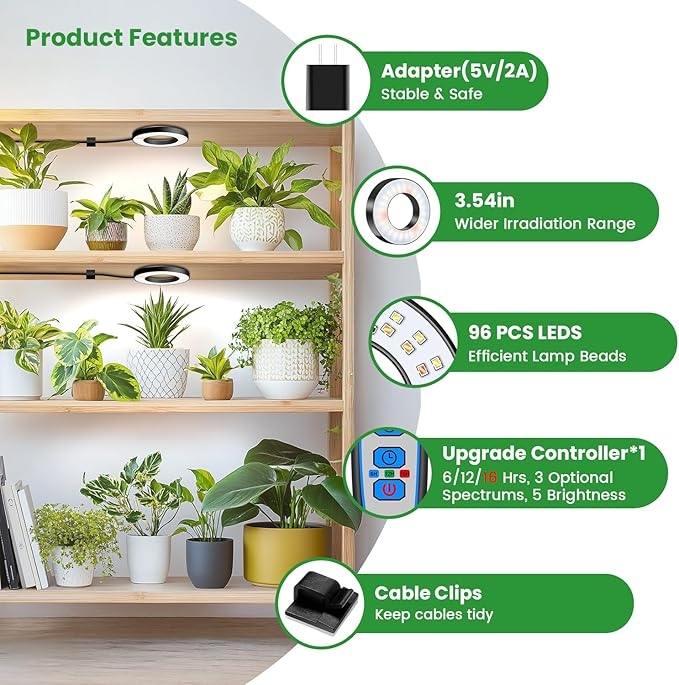 Wiaxulay Grow Lights for Indoor Plants, 96 LEDs Full Spectrum LED Plant Grow Light, 5V/2A Under Cabinet Grow Lamp with Auto Timer 6/12/16 Hrs, 3 Lighting Mode, 5 Brightness, Two Head (3.5in)