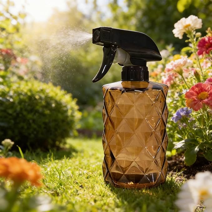 Glass Plant Mister Bottle, 12oz Handheld Refillable Leak Proof Water Spray Bottle, Brown Watering Can with Adjustable Nozzle for Indoor Plants, Spring Gardening,Cleaning, Hair, Pets Care
