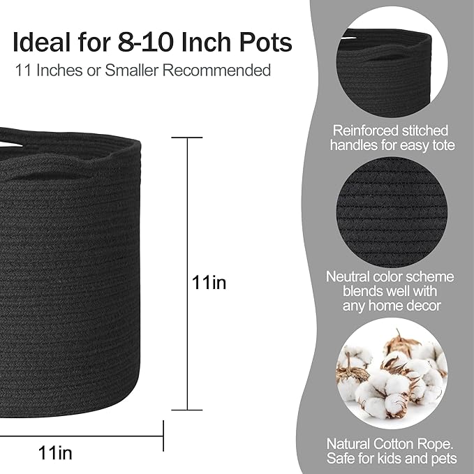 MEGASKET Cotton Rope Plant Basket, Woven Basket Planter for 10 inch Pot, Round Indoor Tree Pot Cover, Small Storage Bin Organizer, Modern Bins for Plants and Home Decor, 11”X11”, Black