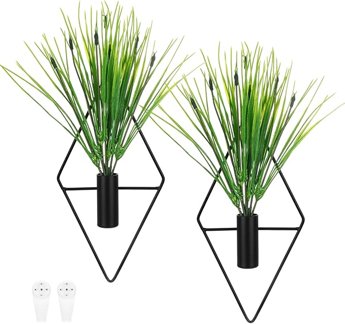 M METERXITY 2 Set Plant Wall Decor, Hanging Planters with Artificial Aquatic Plant Metal Hanging Vase Diamond Shape Wall Planter Holder Boho Room Decor for Garden/Backyard/Room [Black]